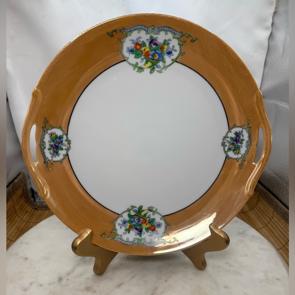 Noritake Hand Painted Double Handled Plate 9.5"- peach Lusterware -Made in Japan